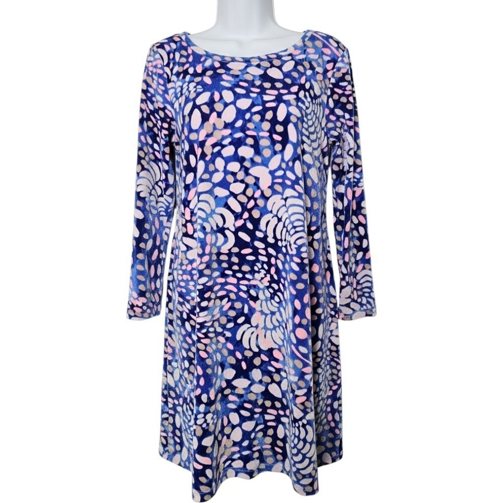 Lilly Pulitzer Olive Velour Swing Dress Women M Beckon Blue Sparkling Grotto